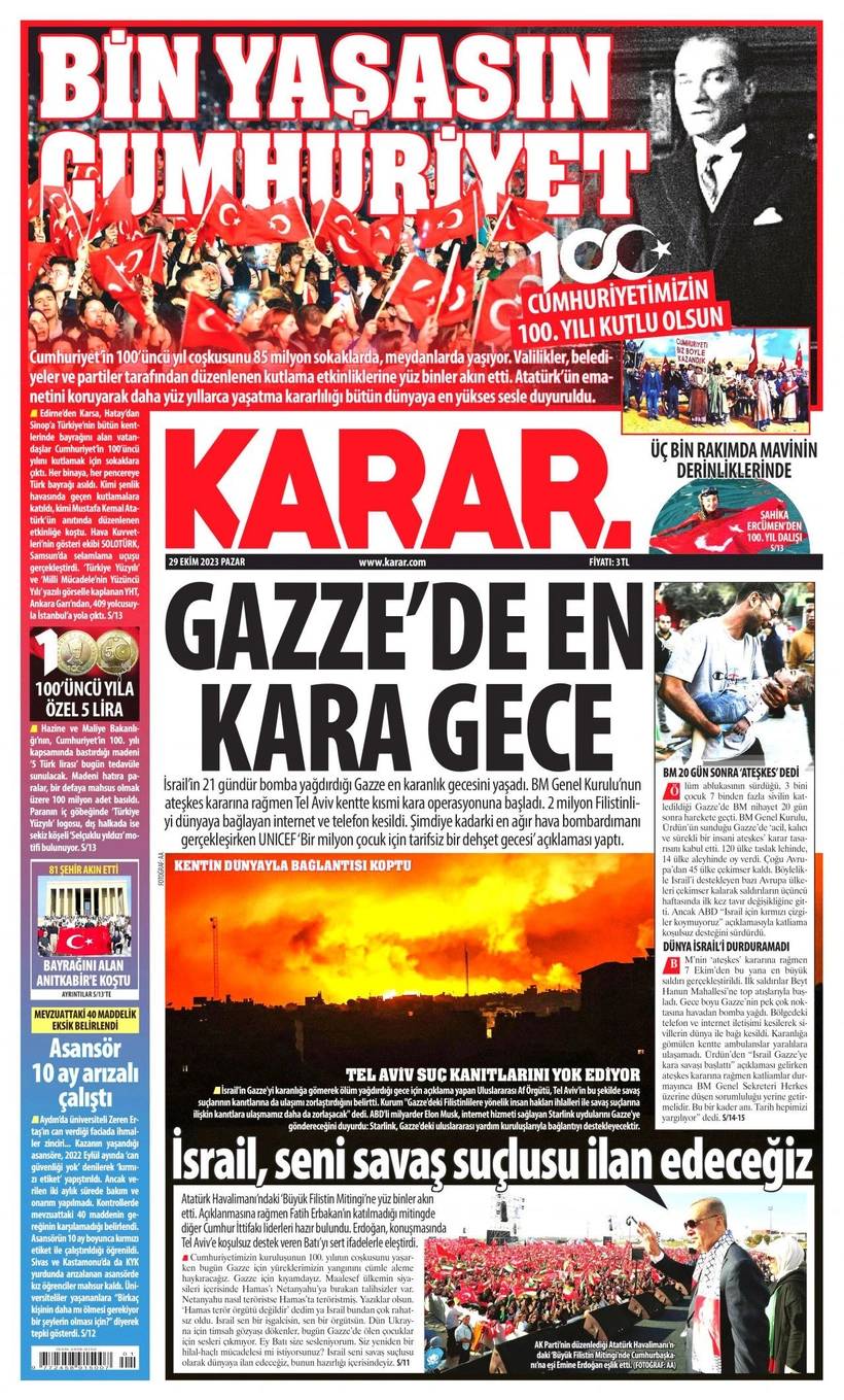 Cumhuriyet'in 100. yılında gazete manşetleri