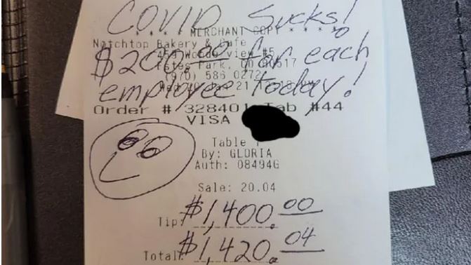 20 dolarlık hesaba "Covid berbat" notuyla bin 400 dolar bahşiş bıraktı
