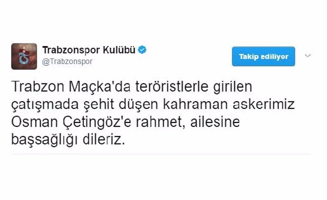 Trabzonspor, şehit asker için başsağlığı mesajı yayınladı
