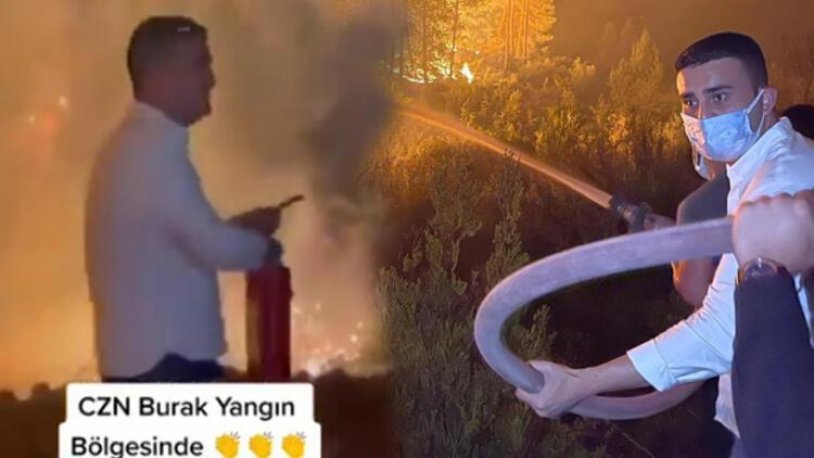 Yangın söndürme çalışmasına katılan CZN Burak'a tepki!