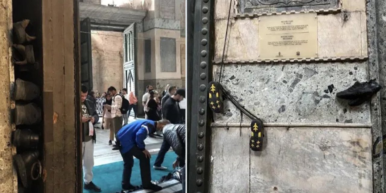 Ayasofya'da tepki çeken görüntü: Taşların arasına ve üstüne ayakkabı koydular!