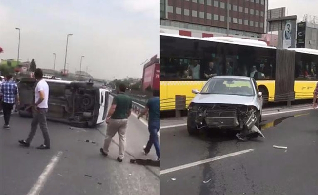 Takla atan araç metrobüs yoluna girdi!
