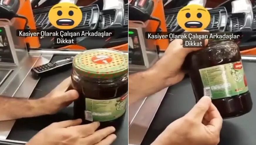 Marketteki barkod oyununu kasiyer fark etti! Evde kestiği barkod ile değiştirdi...