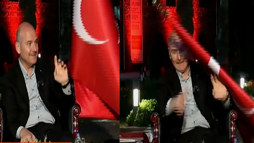 Canlı yayın kazası! Soylu'nun kafasına Türk bayrağı düştü