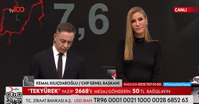 Kılıçdaroğlu, "Türkiye Tek Yürek" Ortak Yayını'nda depremzedelere bağış yaptı