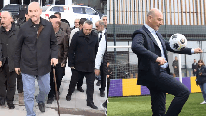 Deprem bölgesinde bastonla gezen Soylu iyileşti: Futbol topunu görünce hünerlerini sergiledi