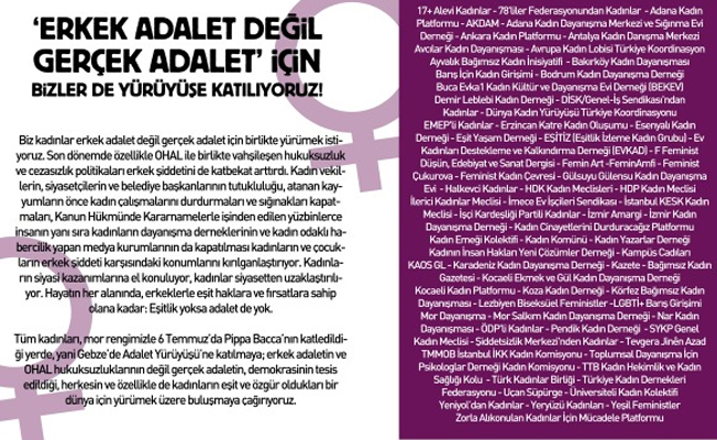 70'den fazla kadın örgütü 'Gerçek adalet' sloganıyla Adalet Yürüyüşü'ne katılıyor