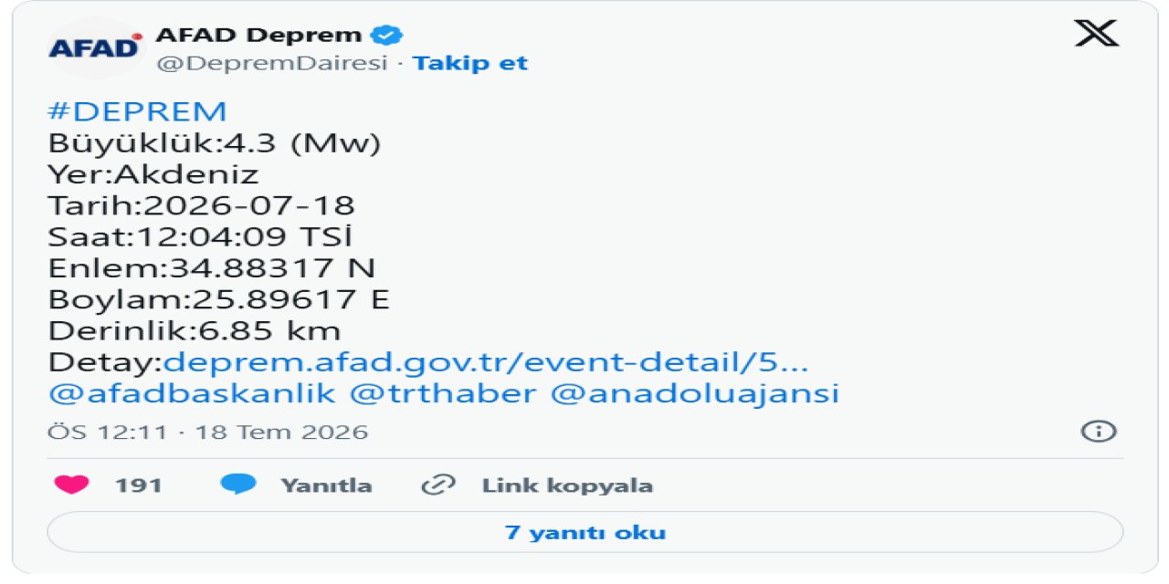 AFAD duyurdu: Akdeniz'de deprem!