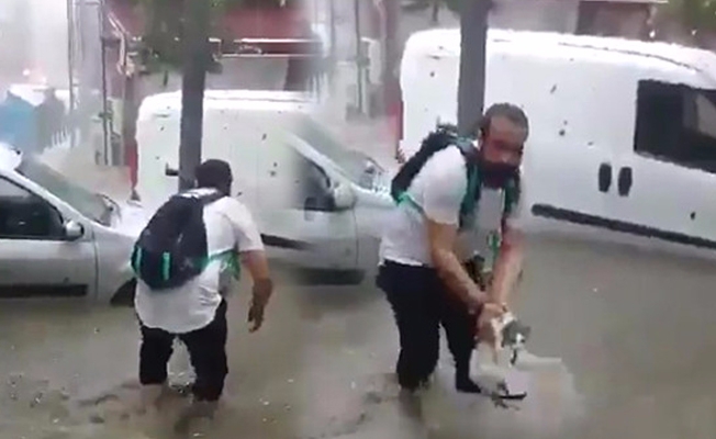 Güzel şeyler de oluyor! Yağışın ortasında mahsur kalan kedi için canını tehlikeye attı!
