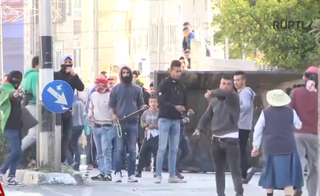 Yaşlı kadın İsrail askerleri ile eylemcilerin arasına girdi