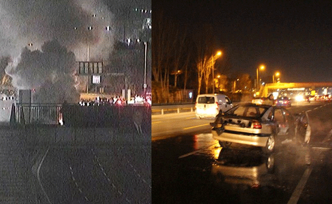 Polis aracına çarpan otomobil alev alev yandı