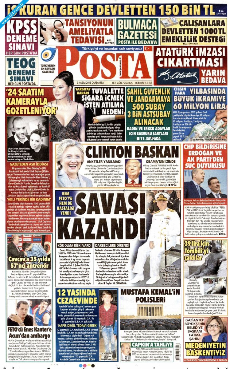 Posta sonuçları beklemedi 'Clinton başkan' manşetiyle çıktı