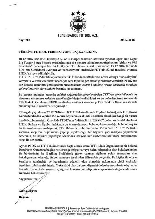 Fenerbahçe'den TFF'ye olay yaratan mektup