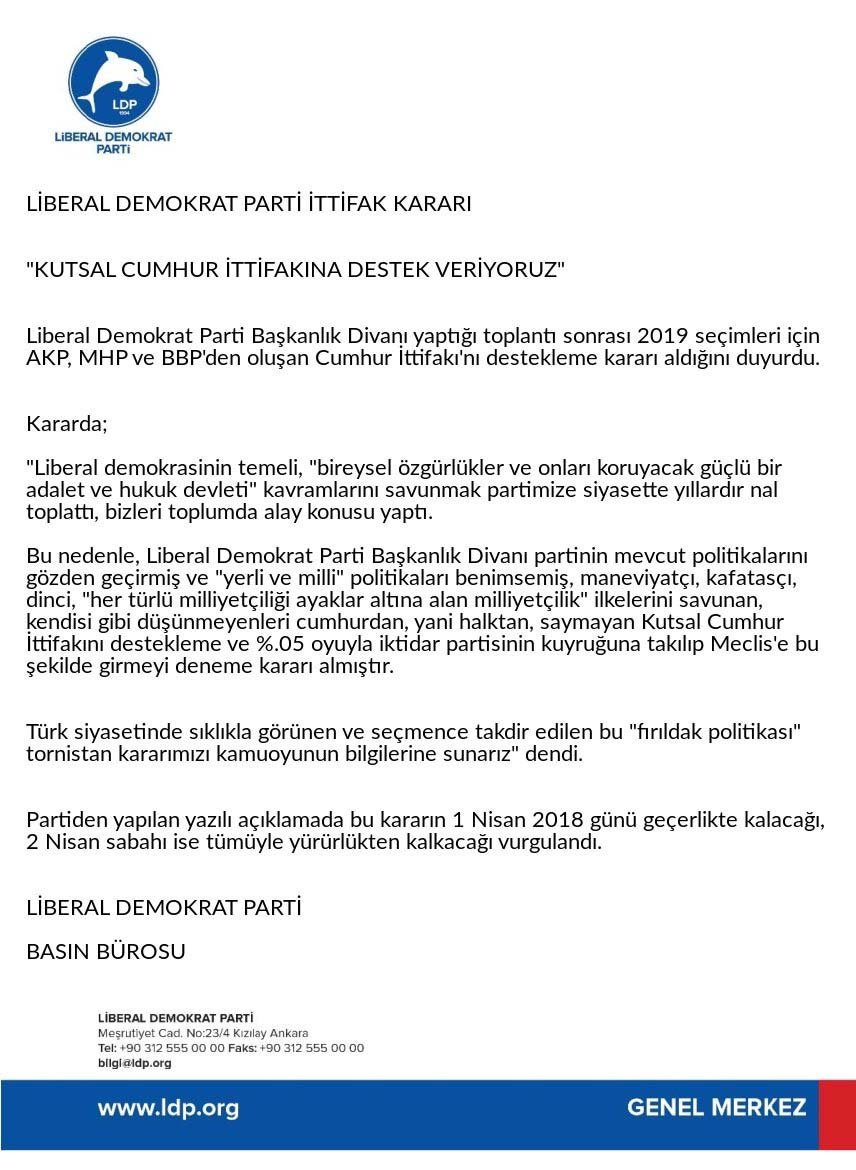 Cumhur İttifakı’na LDP'den  ‘1 Nisan’ desteği