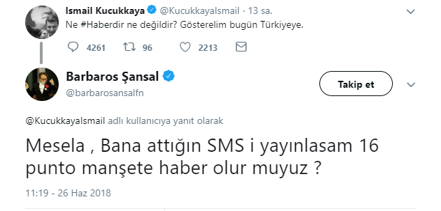 Barbaros Şansal&#039;dan İsmail Küçükkaya&#039;ya: Bana attığın SMS&#039;i yayınlasam 16 punto manşete haber olur muyuz?