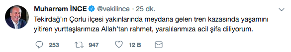 Kılıçdaroğlu ve İnce&#039;den Tekirdağ&#039;ın Çorlu ilçesindeki faciayla ilgili taziye mesajları