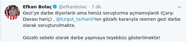 Savcılık açıklaması sonrası Efkan Bolaç: Gezi darbe olarak soruşturulmakta