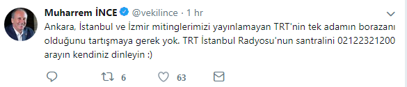 İnce tweet attı, TRT'nin telefonları kitlendi