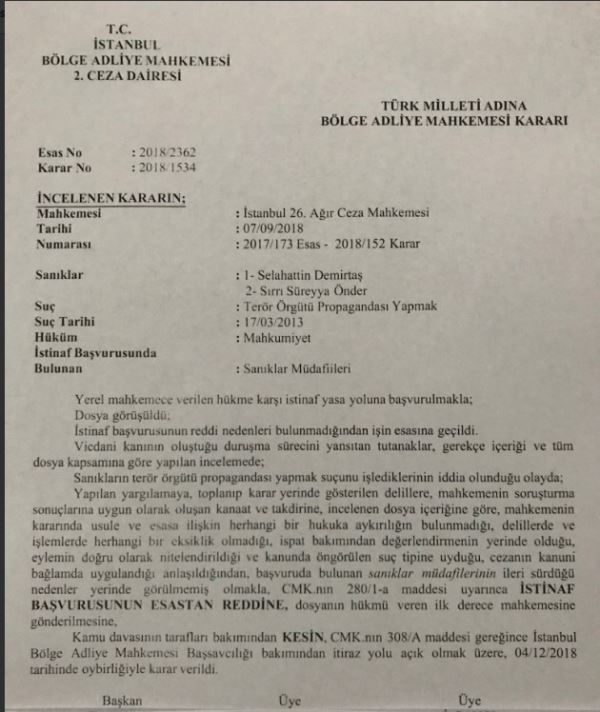 Demirtaş'ın cezası onandı
