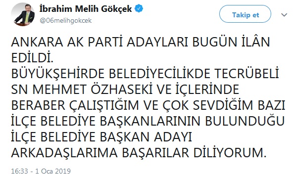 Ankara ilçe adaylarına Melih Gökçek&#039;ten ilk yorum