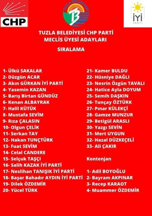 İşte CHP Tuzla Belediye Meclis üyesi aday listesi
