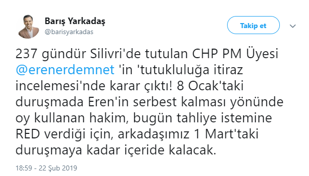 Eren Erdem&#039;in &#039;tutukluluğa itiraz&#039; başvurusunda karar