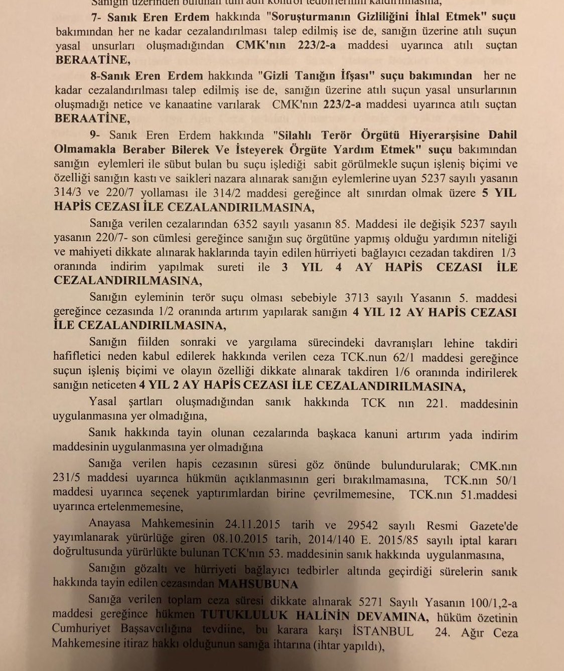 Eren Erdem hakkında beklenen karar açıklandı