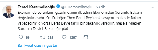 Karamollaoğlu&#039;ndan Erdoğan&#039;a Albayrak için bakanlık önerisi
