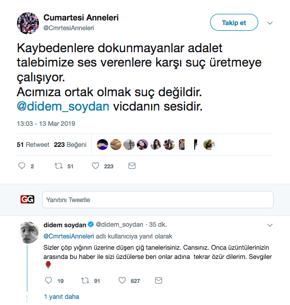 Cumartesi Anneleri&#039;nden Didem Soydan&#039;a destek