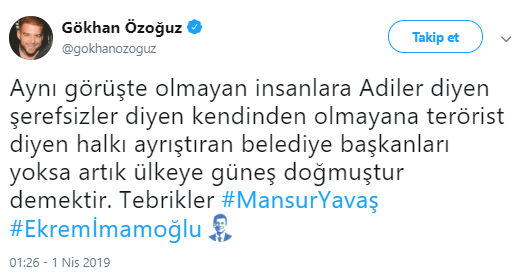 Gökhan Özoğuz’un Yavaş ve İmamoğlu mesajına beğeni yağmuru!