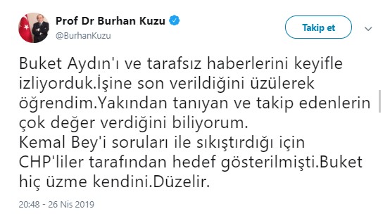 Burhan Kuzu&#39;dan kovulan Buket Aydın&#39;a destek: Tarafsız haberlerini keyifle izliyorduk