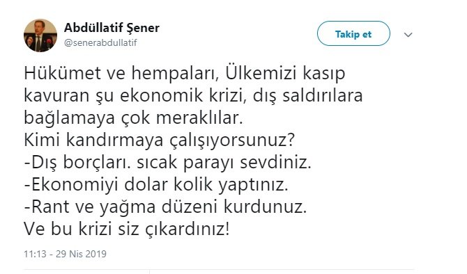 Abdüllatif Şener: Bu krizi siz çıkardınız