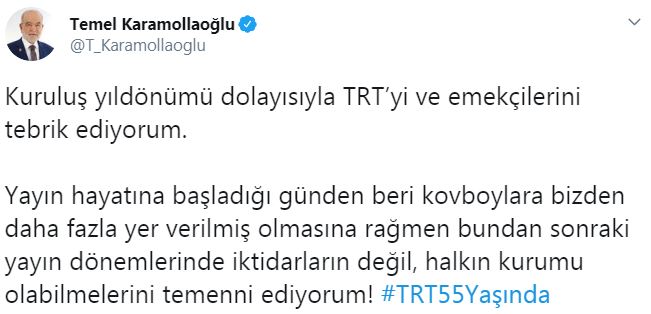 Karamollaoğlu&#039;ndan TRT&#039;ye göndermeli kutlama