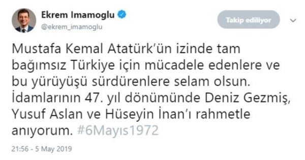 İmamoğlu&#039;ndan Deniz Gezmiş paylaşımı