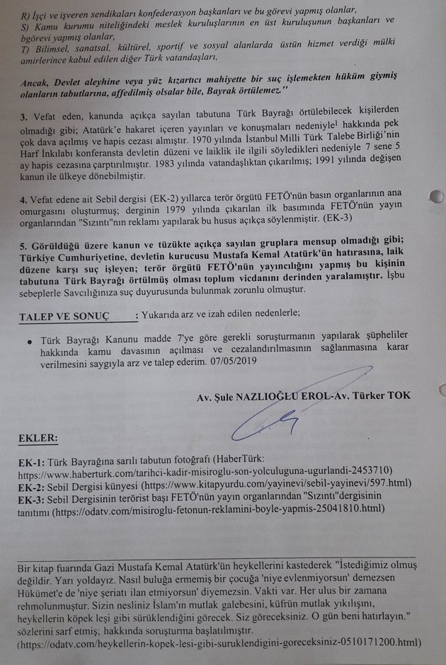 Kadir Mısıroğlu&#039;nun tabutuna Türk bayrağı sarılmasına suç duyurusu