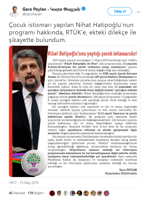 Garo Paylan&#039;dan RTÜK&#039;e Nihat Hatipoğlu şikayeti: Çocuk istismarıdır!