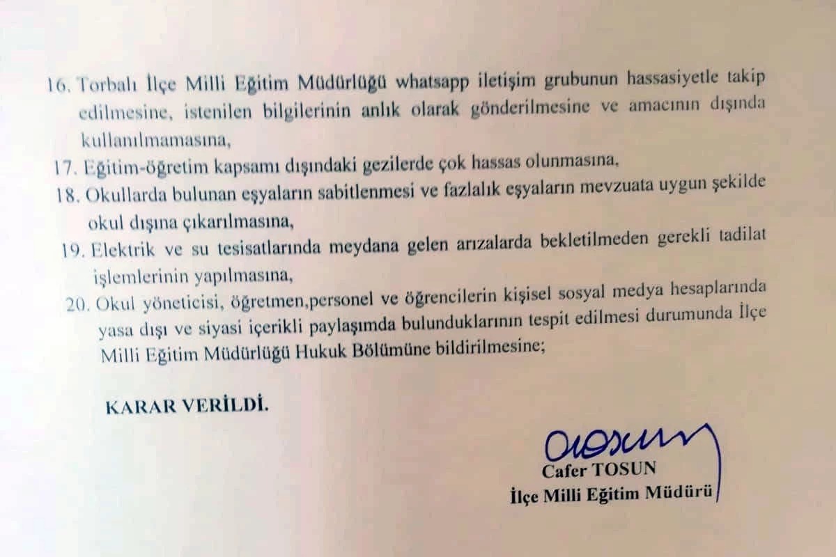 Milli Eğitim Müdürü&#039;nden okul müdürlerine fişleme talimatı