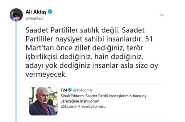 Saadet Partisi'nden Binali Yıldırım'a sert cevap: Hain dedikleriniz size asla oy vermeyecek