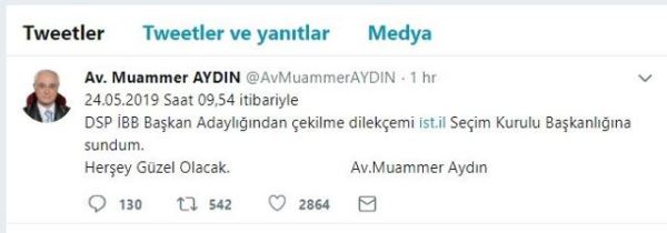 DSP'li Muammer Aydın İstanbul'da resmen adaylıktan çekildi: Her şey çok güzel olacak