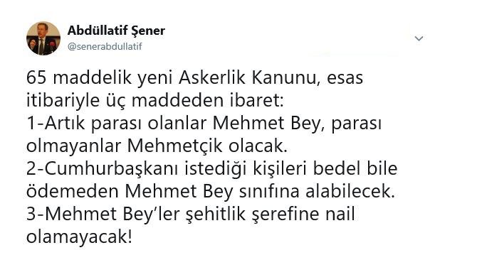 Abdüllatif Şener&#039;den yeni askerlik sistemine tepki