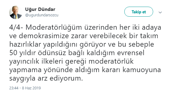Uğur Dündar'dan moderatörlük açıklaması