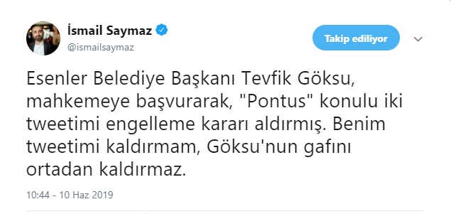Tevfik Göksu&#039;dan İsmail Saymaz&#039;ın tweetlerine erişim engeli