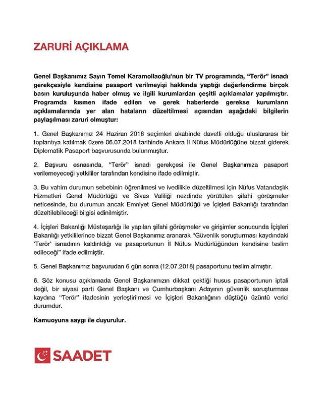 Saadet Partisi’nden pasaport açıklaması