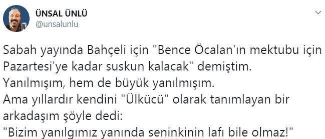 Bir Ülkücüden Bahçeli yorumu: Bizim yanılgımız yanında...