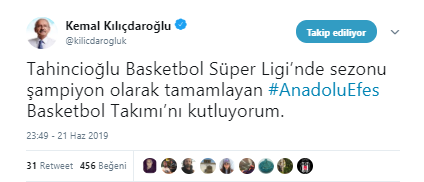 Kılıçdaroğlu&#039;ndan Anadolu Efes&#039;e tebrik mesajı
