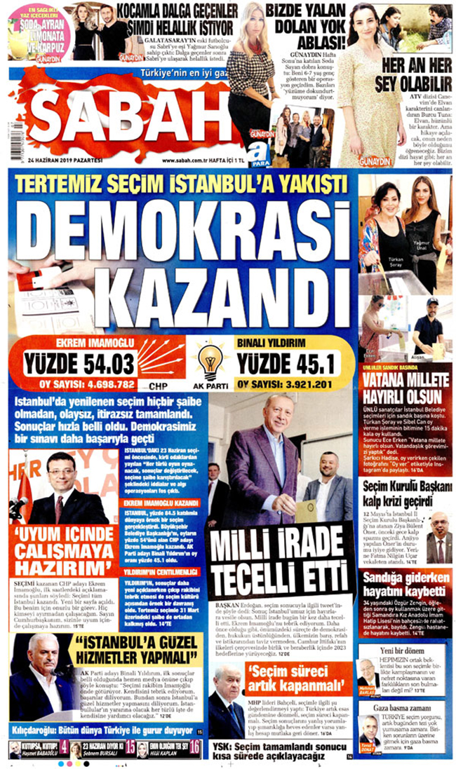 İktidara yakın gazeteler İstanbul seçimini böyle gördü