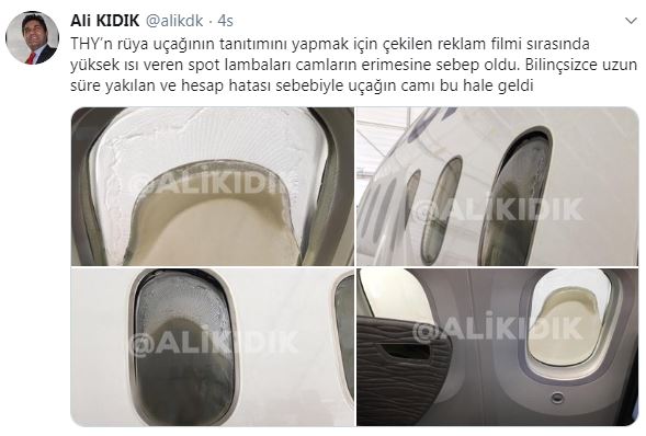 THY&#039;nin &#039;rüya uçağı&#039;nın camı eridi
