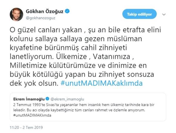 Gökhan Özoğuz&#039;dan &#039;Madımak Katliamı&#039; paylaşımı