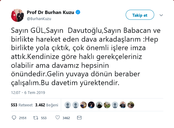 Burhan Kuzu’dan Abdullah Gül’e, Davutoğlu’na ve Babacan’a çağrı: Geri dönün