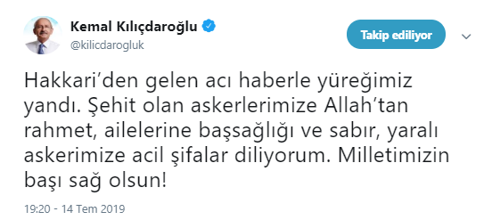 Kılıçdaroğlu&#039;ndan Hakkari şehitleri için başsağlığı mesajı